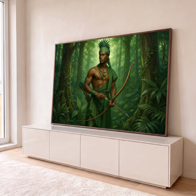 Quadro Decorativo Grande Arqueiro Guerreiro para Sala Verde | quadros decorativos para sala | guerreiro arqueiro em trajes verdes segurando arco e flecha numa floresta densa | em Quadros para Sala | Porao dos Quadros