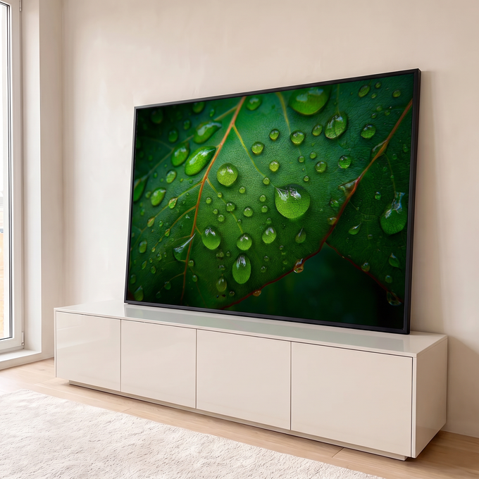 Quadro Decorativo Grande Gotas de Orvalho para Sala Verde | quadros decorativos para sala | macro de folha verde com gotas de orvalho e nervuras alaranjadas | em Quadros para Sala | Porao dos Quadros
