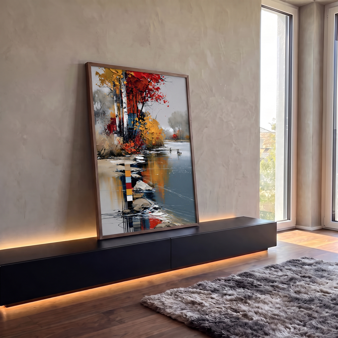 Quadro Decorativo Lago de Outono com Bétulas e Gansos | quadros decorativos para sala | paisagem de outono com árvores vermelhas e douradas refletidas em lago com gansos | em Quadros para Sala | Porao dos Quadros