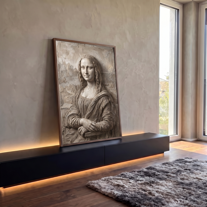 Quadro Decorativo Grande Mona Lisa para Sala Bege | quadros decorativos para sala | Mona Lisa esculpida em relevo de pedra com textura rachada em tons bege | em Quadros para Sala | Porao dos Quadros