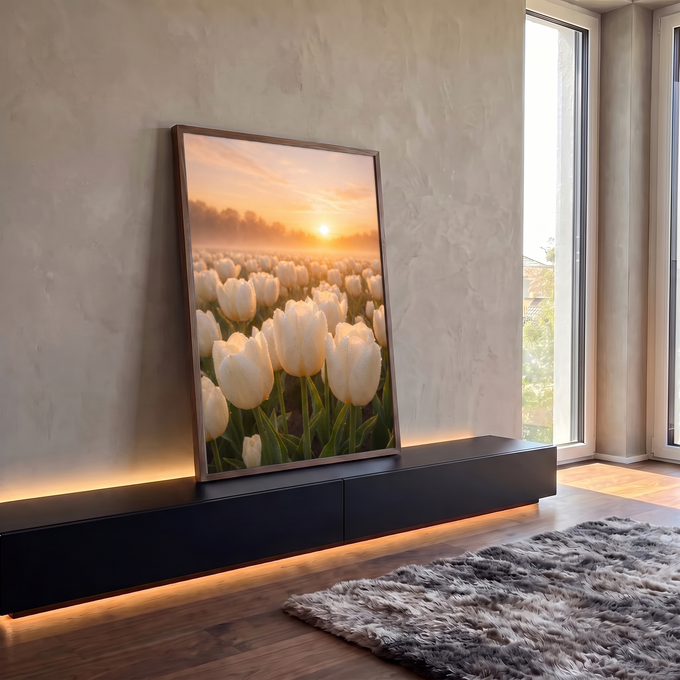 Quadro Decorativo Campo de Tulipas Brancas ao Amanhecer | quadros decorativos para sala | campo de tulipas brancas com orvalho ao nascer do sol entre névoa suave | em Quadros para Sala | Porao dos Quadros