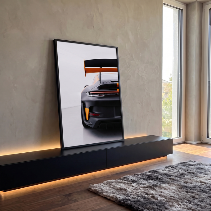 Quadro Decorativo Grande Carro Esportivo para Sala Preto | quadros decorativos para sala | traseira de carro esportivo preto fosco com detalhes laranja e aerofólio em destaque | em Quadros para Sala | Porao dos Quadros