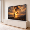 Jesus nas nuvens douradas estendendo a mão a homem orando sobre lago ao pôr do sol, quadro decorativo
