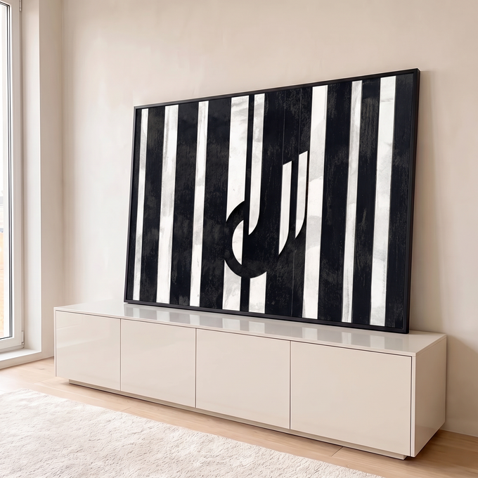 Quadro Decorativo Grande Listras e Prata para Sala Preto | quadros decorativos para sala | listras verticais preto e prata com forma curva abstrata ao centro | em Quadros para Sala | Porao dos Quadros