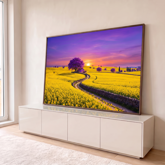 Quadro Decorativo Grande Campo com Árvore para Sala Amarelo | quadros decorativos para sala | campo amarelo de flores com árvore roxa e céu de pôr do sol vibrante | em Quadros para Sala | Porao dos Quadros