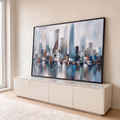 Quadro Decorativo Grande Skyline Urbano para Sala Cinza | quadros decorativos para sala | skyline urbano abstrato em cinza e azul com ponte e reflexo na água | em Quadros para Sala | Porao dos Quadros