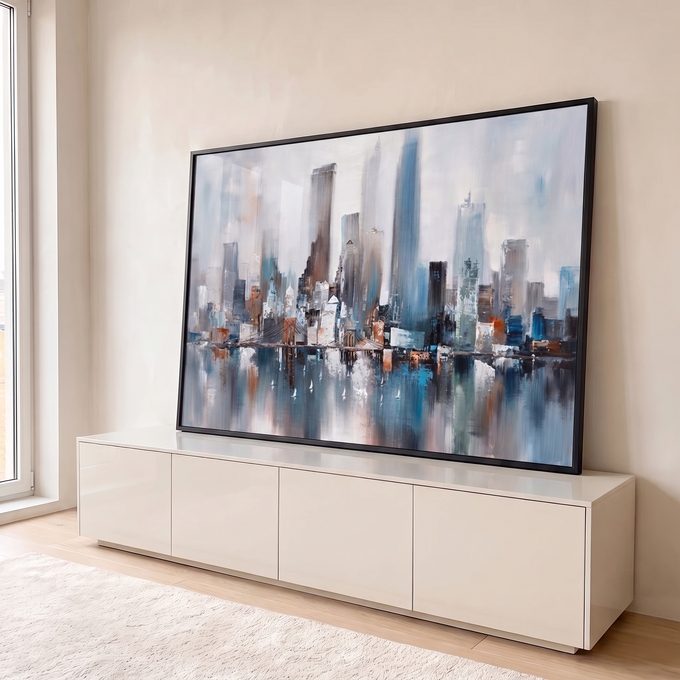 Quadro Decorativo Grande Skyline Urbano para Sala Cinza | quadros decorativos para sala | skyline urbano abstrato em cinza e azul com ponte e reflexo na água | em Quadros para Sala | Porao dos Quadros