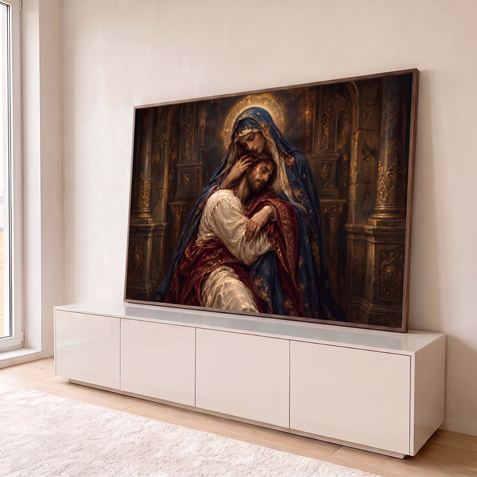 Virgem Maria de manto azul e auréola dourada abraçando Jesus em templo ornamentado, quadro decorativo