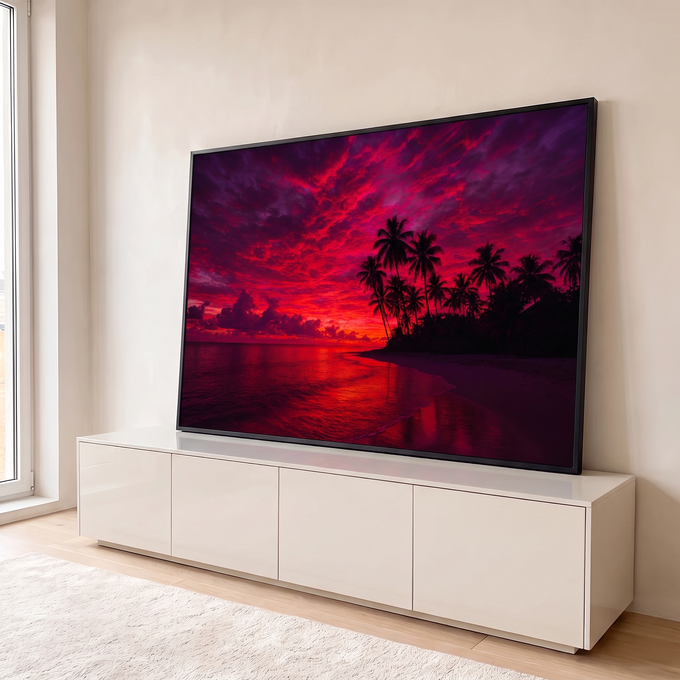 Quadro Decorativo Grande Pôr do Sol Praia para Sala Vermelho | quadros decorativos para sala | pôr do sol vermelho intenso com palmeiras em silhueta e mar refletindo o céu | em Quadros para Sala | Porao dos Quadros