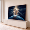Jesus Cristo de manto branco abençoando o planeta Terra entre raios de luz e céu estrelado, quadro decorativo