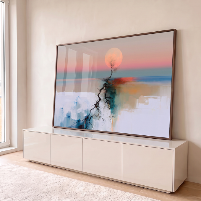 Quadro Decorativo Grande Árvore Solitária para Sala Branco | quadros decorativos para sala | árvore seca sobre penhasco de gelo rachado com lua rosa gigante ao fundo | em Quadros para Sala | Porao dos Quadros