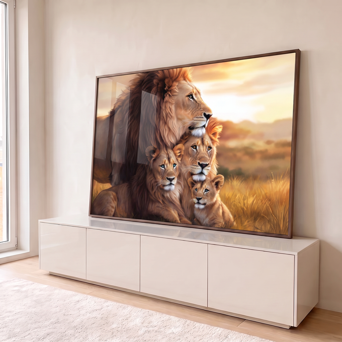 Quadro Decorativo Grande Família de Leões Dourado para Sala | quadros decorativos para sala | família de leões com filhotes ao pôr do sol dourado na savana | em Quadros para Sala | Porao dos Quadros