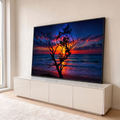 Quadro Decorativo Grande Árvore Silhueta Mar para Sala | quadros decorativos para sala | árvore silhueta contra pôr do sol laranja sobre o mar com céu estrelado | em Quadros para Sala | Porao dos Quadros