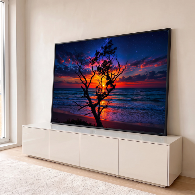 Quadro Decorativo Grande Árvore Silhueta Mar para Sala | quadros decorativos para sala | árvore silhueta contra pôr do sol laranja sobre o mar com céu estrelado | em Quadros para Sala | Porao dos Quadros