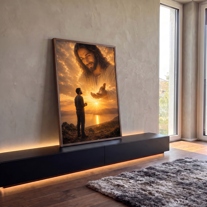Quadro Decorativo Grande Jesus Estendendo para Sala Laranja | quadros decorativos para sala | Jesus surge entre nuvens douradas estendendo a mão sobre homem em oração ao pôr do sol | em Quadros para Sala | Porao dos Quadros