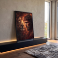 Quadro Decorativo Grande Leão e Jesus para Sala Laranja | quadros decorativos para sala | rosto de leão dourado mesclado ao rosto de um homem com coroa de espinhos sobre fogo | em Quadros para Sala | Porao dos Quadros