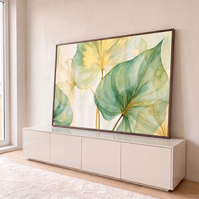Quadro Decorativo Grande Folhas Tropicais Verde para Sala | quadros decorativos para sala | folhas tropicais translúcidas em aquarela verde e dourado com nervuras marcadas | em Quadros para Sala | Porao dos Quadros