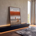 Quadro Decorativo Grande Raposa e Figura para Sala Laranja | quadros decorativos para sala | raposa laranja e figura de manto vermelho em campo com pássaros sob flores vermelhas | em Quadros para Sala | Porao dos Quadros