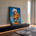 Senhor de cabelo branco e óculos laranja sentado em cadeira azul, pintura em impasto, quadro decorativo