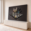 Quadro Decorativo Grande Xadrez Derretendo para Sala Preto | quadros decorativos para sala | peças de xadrez derretendo com gotas coloridas sobre tabuleiro flutuante | em Quadros para Sala | Porao dos Quadros