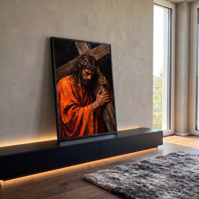 Quadro Decorativo Grande Jesus Cristo Laranja para Sala | quadros decorativos para sala | Jesus Cristo carregando a cruz com coroa de espinhos e manto laranja rasgado | em Quadros para Sala | Porao dos Quadros