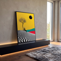 Quadro Decorativo Grande Figura para Sala Amarelo | quadros decorativos para sala | figura preta com cabeça de cabra sentada sob árvore seca em fundo amarelo com sol negro | em Quadros para Sala | Porao dos Quadros