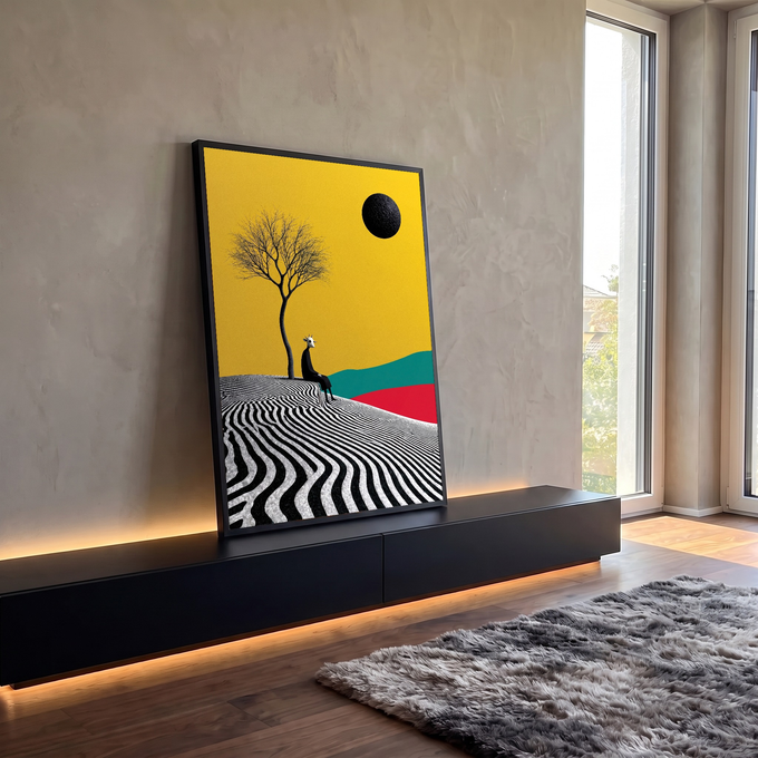 Quadro Decorativo Grande Figura para Sala Amarelo | quadros decorativos para sala | figura preta com cabeça de cabra sentada sob árvore seca em fundo amarelo com sol negro | em Quadros para Sala | Porao dos Quadros