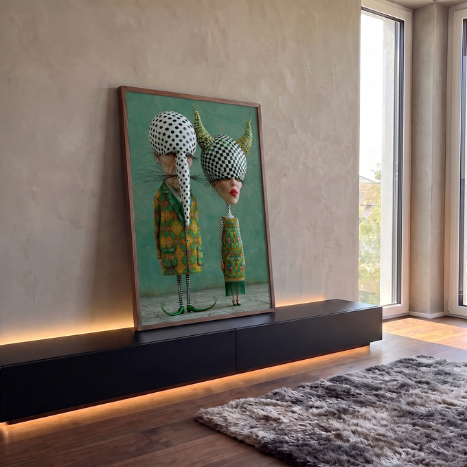 Dupla surreal com cabeças de poá e xadrez, chifres e roupas estampadas sobre fundo verde, quadro decorativo