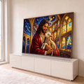 Quadro Decorativo Grande Jesus com Cordeiro Vitral para Sala | quadros decorativos para sala | Jesus de manto vermelho segurando cordeiro branco com vitrais dourados ao fundo | em Quadros para Sala | Porao dos Quadros