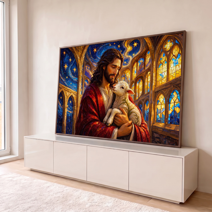 Quadro Decorativo Grande Jesus com Cordeiro Vitral para Sala | quadros decorativos para sala | Jesus de manto vermelho segurando cordeiro branco com vitrais dourados ao fundo | em Quadros para Sala | Porao dos Quadros