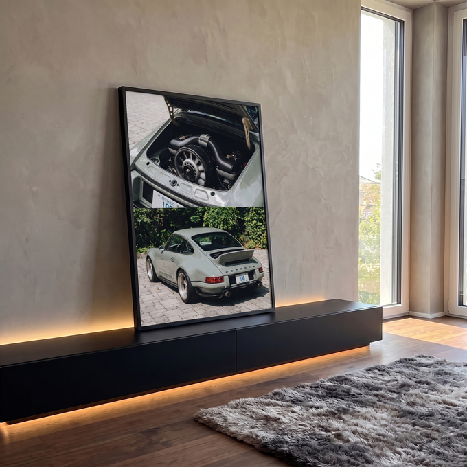 Porsche 911 verde-sálvia com motor traseiro exposto e vista traseira em piso de pedra, quadro decorativo