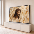 Jesus Cristo com coroa de espinhos e olhos fechados, pinceladas a óleo em tons bege, quadro decorativo
