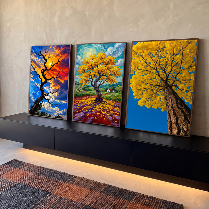 Quadro Decorativo Kit 3 Telas Árvore para Sala Amarelo | quadros decorativos para sala | árvore em três cenas: silhueta ao pôr do sol, pintura amarela impressionista e foto outonal | em Quadros para Sala | Porao dos Quadros