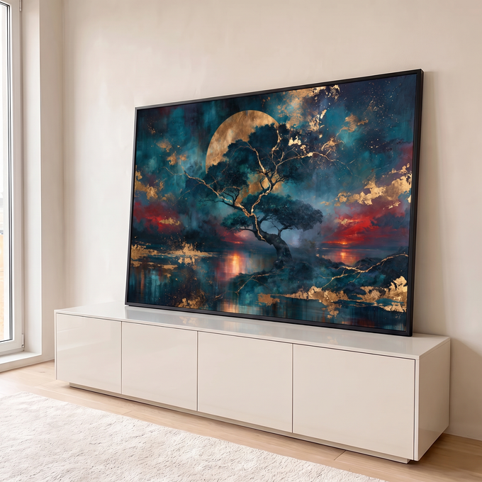 Quadro Decorativo Grande Árvore Dourada para Sala Azul | quadros decorativos para sala | árvore de galhos dourados sob lua cheia dourada em céu azul com nuvens vermelhas | em Quadros para Sala | Porao dos Quadros