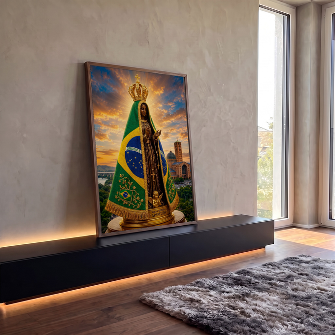 Quadro Decorativo Grande Nossa Senhora para Sala Verde | quadros decorativos para sala | Nossa Senhora Aparecida com manto nas cores da bandeira do Brasil e basílica ao fundo | em Quadros para Sala | Porao dos Quadros