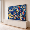 Pintura abstrata modernista em azul com formas em bege, vermelho, amarelo e preto, quadro decorativo