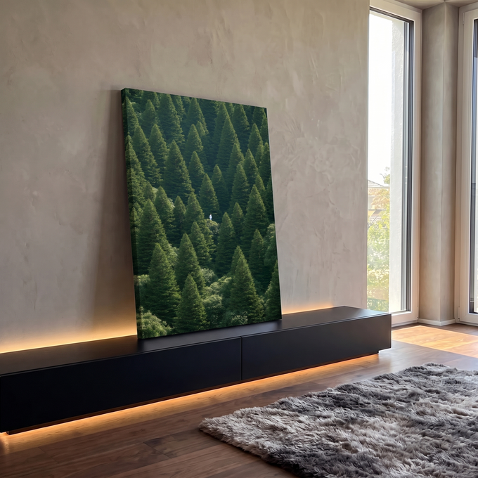 Quadro Decorativo Grande Pessoa Solitária para Sala Verde | quadros decorativos para sala | vista aérea de floresta densa de pinheiros com pessoa solitária em pequena clareira | em Quadros para Sala | Porao dos Quadros