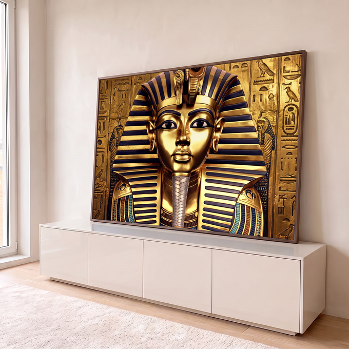 Máscara dourada do faraó Tutancâmon com nemes listrado azul e hieróglifos ao fundo, quadro decorativo