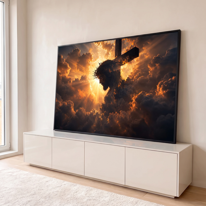 Jesus Cristo com coroa de espinhos diante da cruz entre nuvens douradas e raios de sol, quadro decorativo