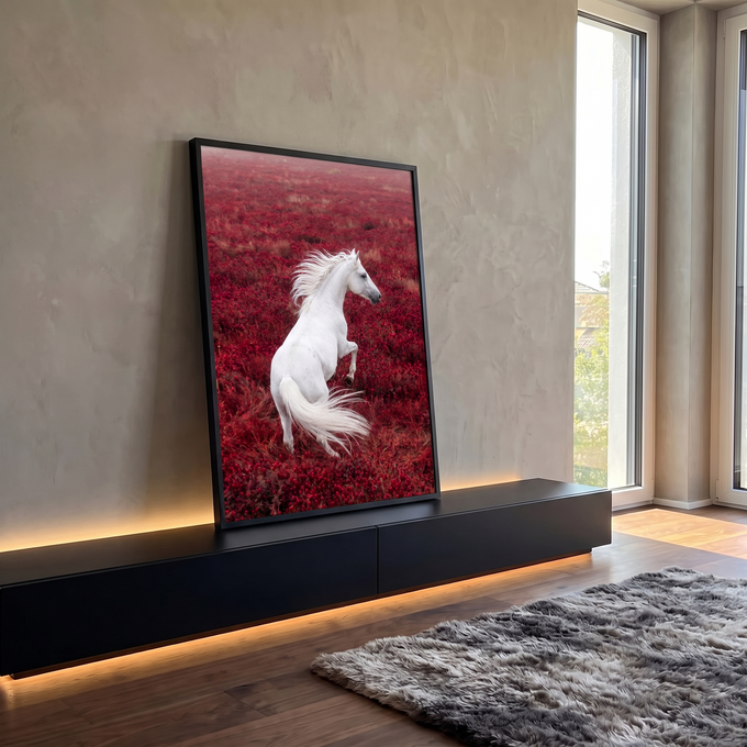 Cavalo branco empinado com crina ao vento em campo de flores vermelhas, quadro decorativo