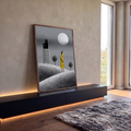 Quadro Decorativo Grande Mulher de Vestido para Sala Amarelo | quadros decorativos para sala | mulher de vestido amarelo com bolinhas pretas sob lua cheia e prédio pontilhado | em Quadros para Sala | Porao dos Quadros
