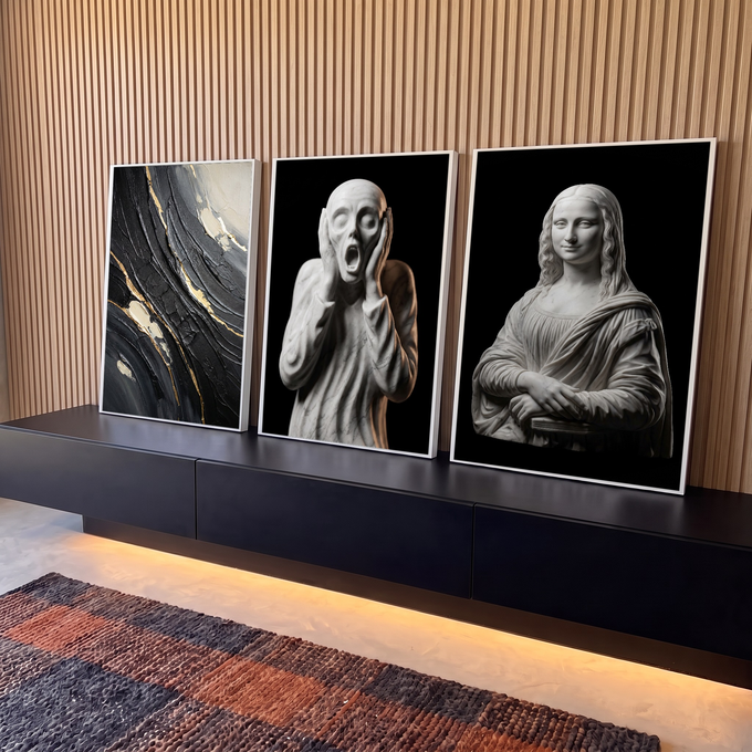 Quadro Decorativo Kit 3 Telas Esculturas para Sala Preto | quadros decorativos para sala | esculturas em mármore de figura gritando e da Mona Lisa, com pintura abstrata preta e dourada | em Quadros para Sala | Porao dos Quadros