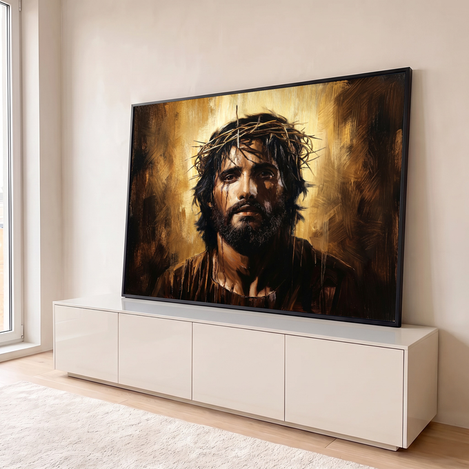 Quadro Decorativo Grande Jesus Paixão de Cristo para Sala | quadros decorativos para sala | retrato de Jesus Cristo com coroa de espinhos e lágrimas de sangue em fundo dourado | em Quadros para Sala | Porao dos Quadros