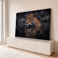 Quadro Decorativo Grande Jaguar na Água para Sala Laranja | quadros decorativos para sala | jaguar com manchas pretas submerso em água escura com reflexo nítido | em Quadros para Sala | Porao dos Quadros