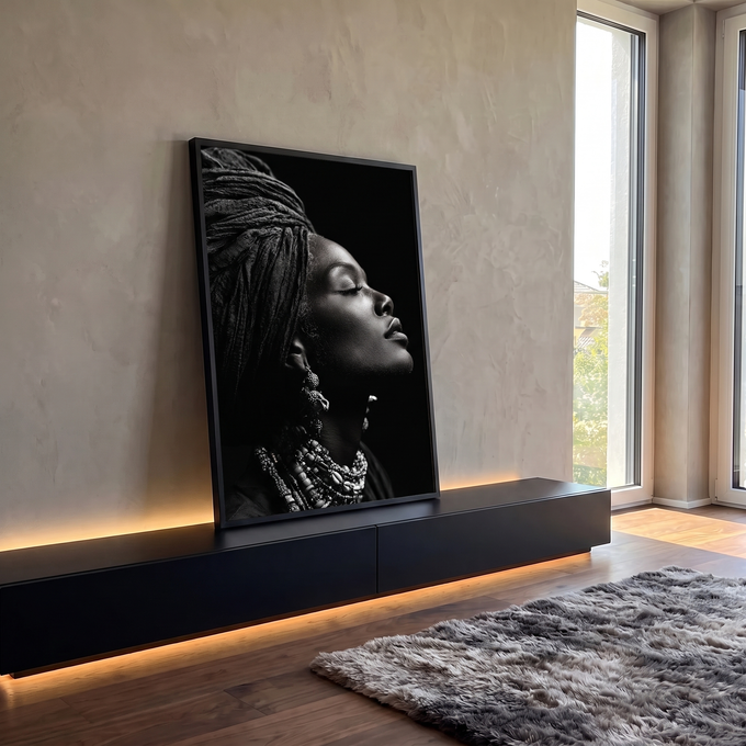 Quadro Decorativo Retrato Feminino em Preto e Branco | quadros decorativos para sala | retrato de mulher em perfil com turbante e colares em preto e branco | em Quadros para Sala | Porao dos Quadros