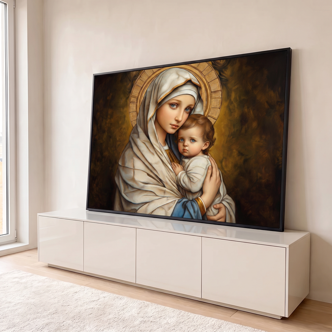 Quadro Decorativo Grande Nossa Senhora Madona para Sala | quadros decorativos para sala | Nossa Senhora de véu branco segurando o Menino Jesus com auréola dourada ao fundo | em Quadros para Sala | Porao dos Quadros