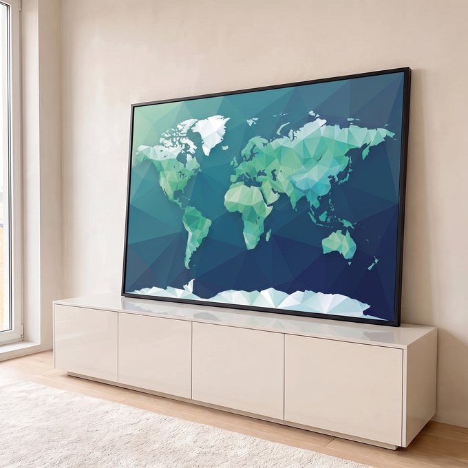 Quadro Decorativo Grande Mapa Mundi para Escritório Verde | quadros decorativos para sala | mapa-múndi geométrico em triângulos nas cores verde e azul | em Quadros para Escritório | Porao dos Quadros
