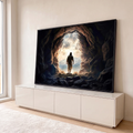 Jesus ressuscitado saindo do sepulcro de pedra rumo à luz e às montanhas nevadas, quadro decorativo