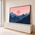 Quadro Decorativo Grande Sol e Montanhas para Sala Rosa | quadros decorativos para sala | montanhas azuis em camadas com sol rosa gigante e bando de pássaros voando | em Quadros para Sala | Porao dos Quadros