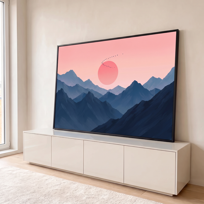 Quadro Decorativo Grande Sol e Montanhas para Sala Rosa | quadros decorativos para sala | montanhas azuis em camadas com sol rosa gigante e bando de pássaros voando | em Quadros para Sala | Porao dos Quadros